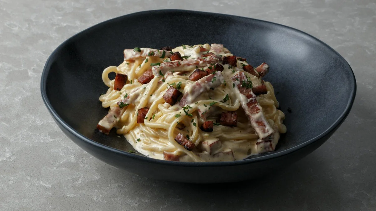 Pasta alla carbonara romana con guanciale, pecorino y yema de huevo, sin nata